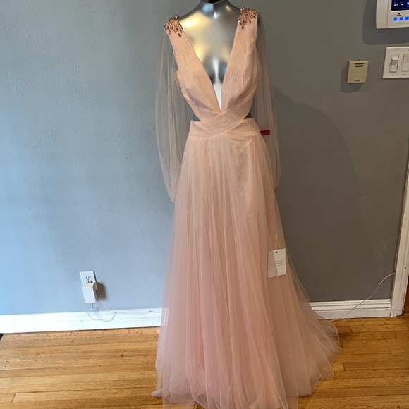 Mac Duggal 70174 TULLE SHEER LONG SLEEVE CUT OUT LACE UP A LINE GOWN NWT - Picture 5 of 17